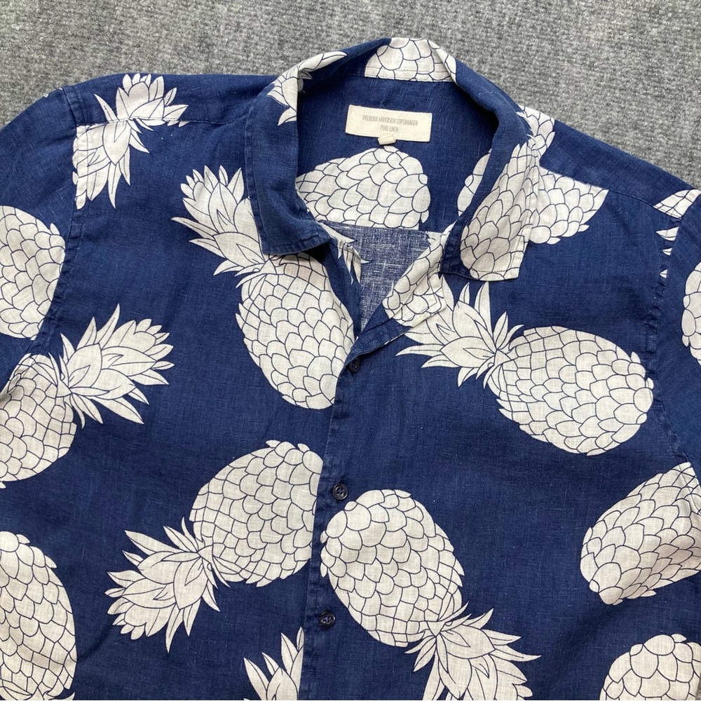 Frederik Anderson Copenhagen Shirt Mens Large Blue Pure Linen Hawaiian Pineapple